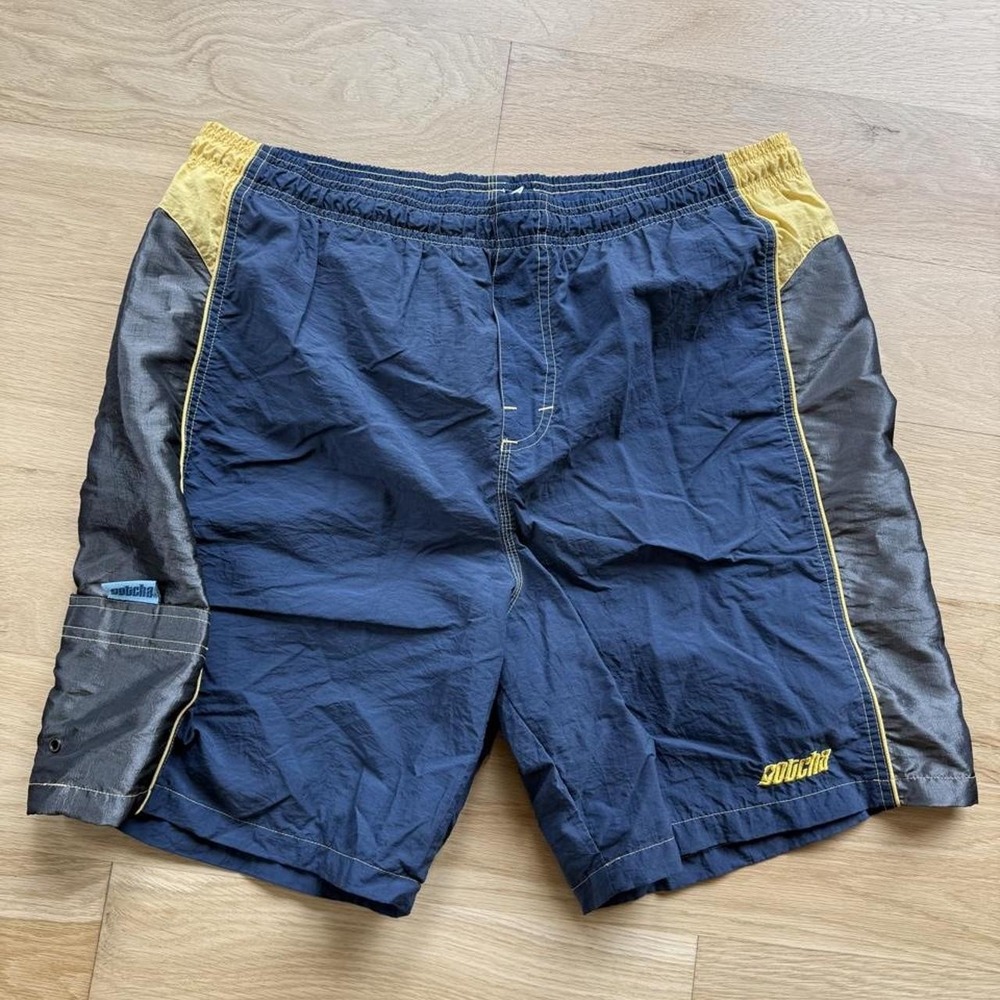 Gotcha Blue Nylon Athletic Shorts Yellow Gray Panels Size L